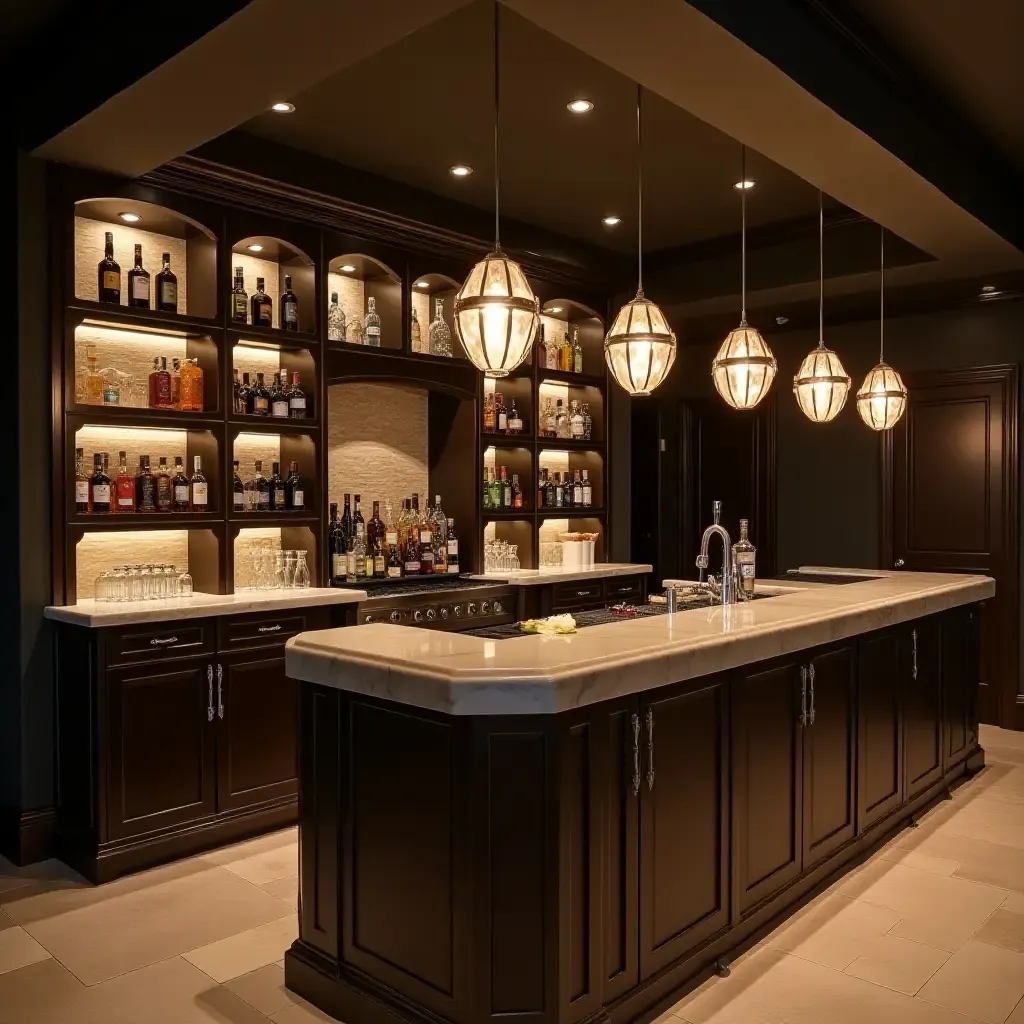 a photo of a basement bar with elegant pendant lights