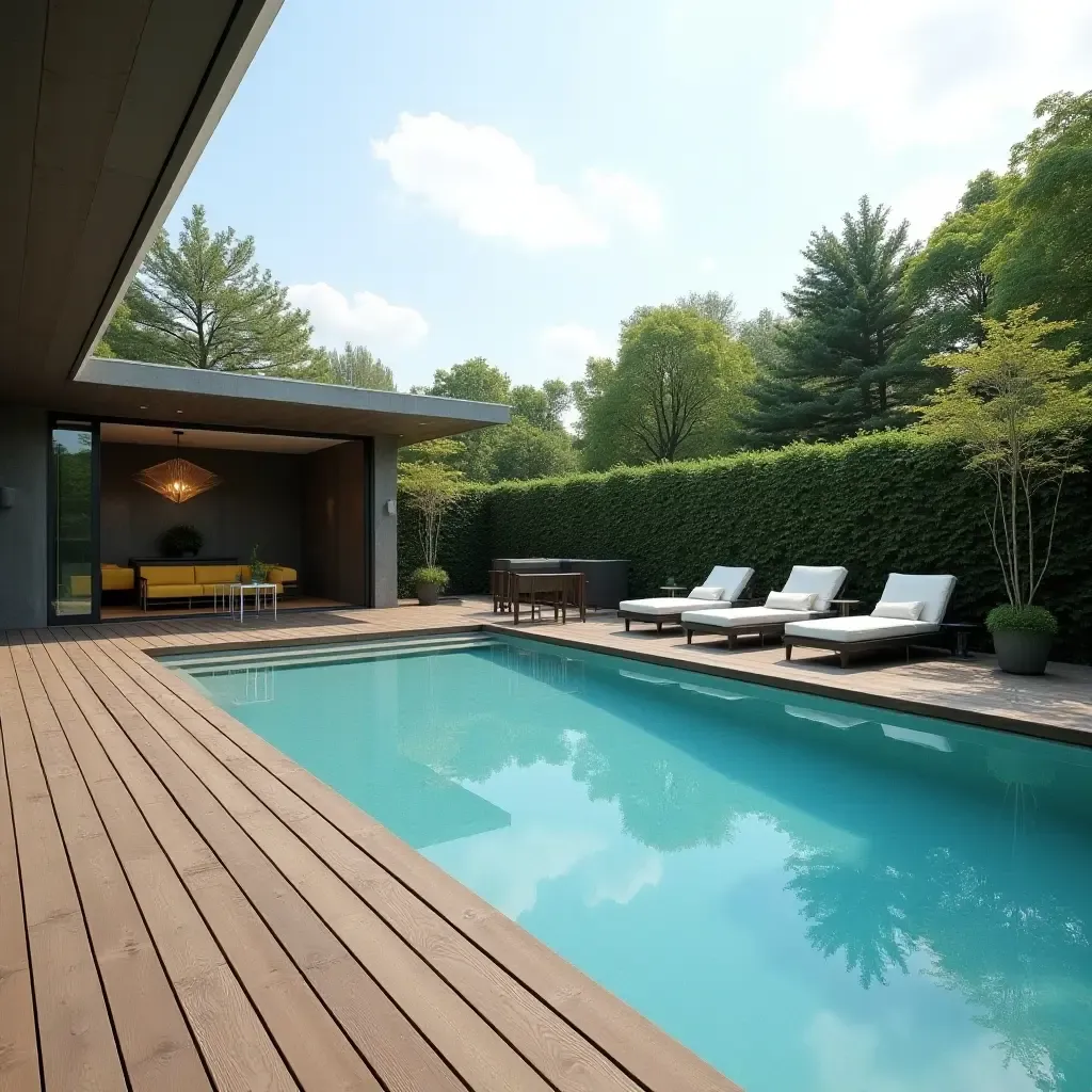 a photo of a contemporary pool area with a wooden deck and lounge chairs