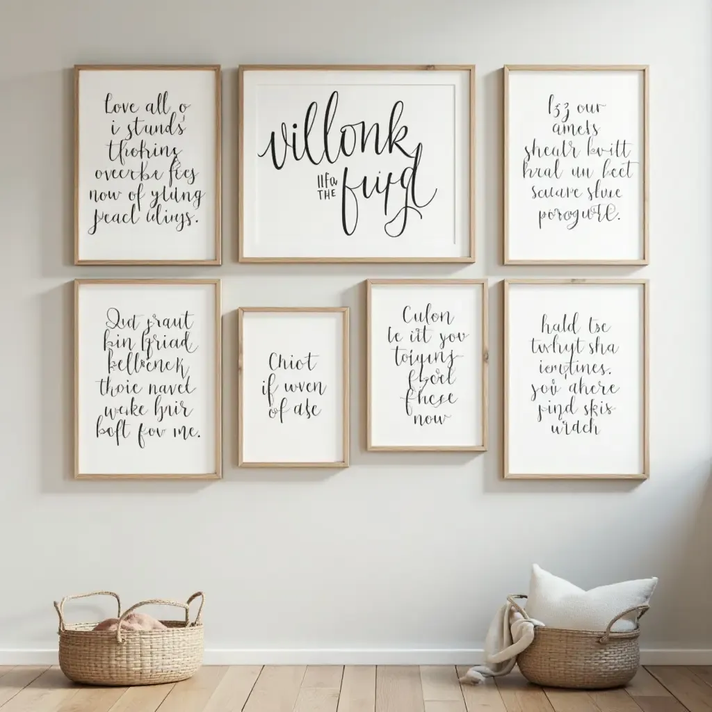 a photo of a gallery wall made of literary quotes in frames