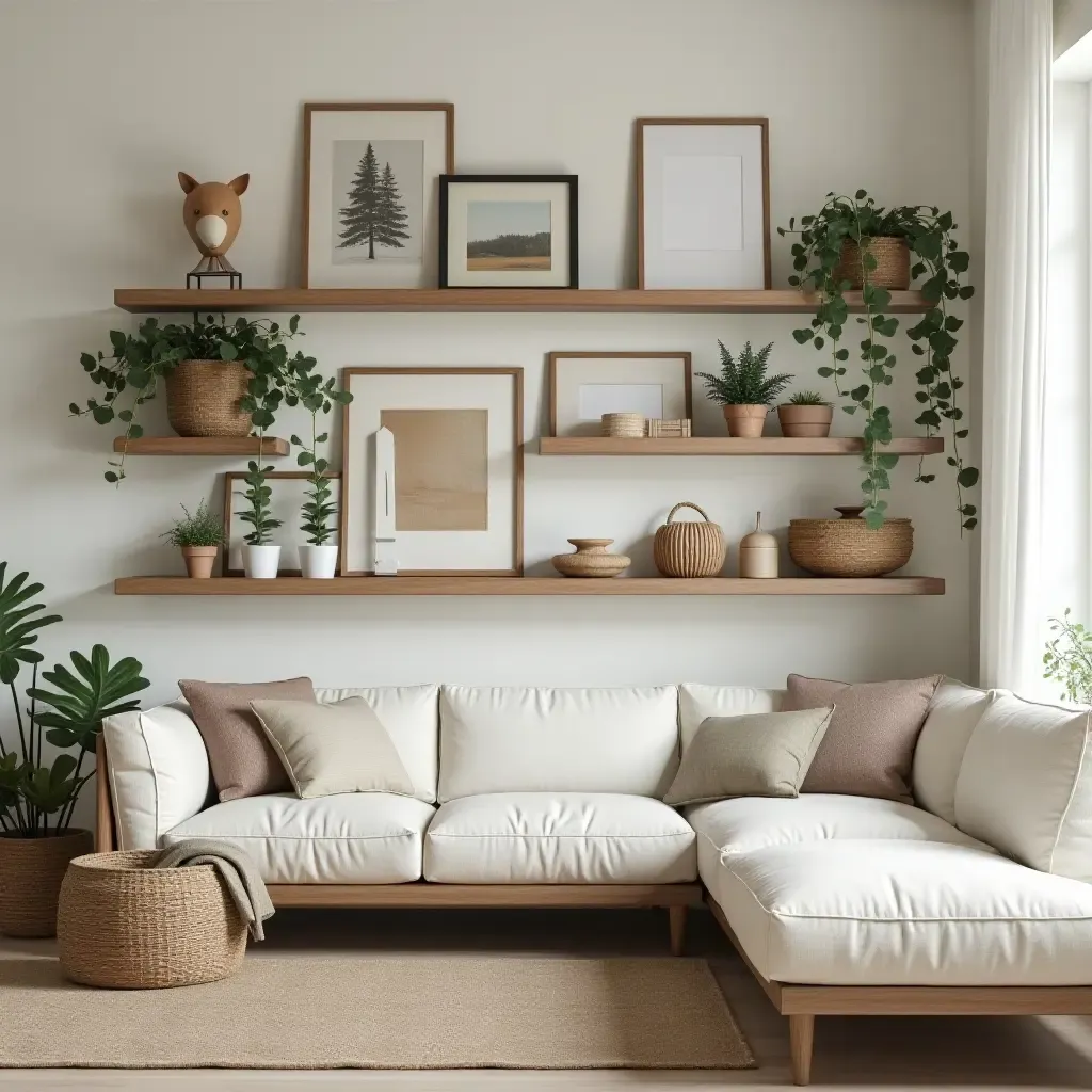 a photo of a living room with open shelving displaying rustic decor and plants