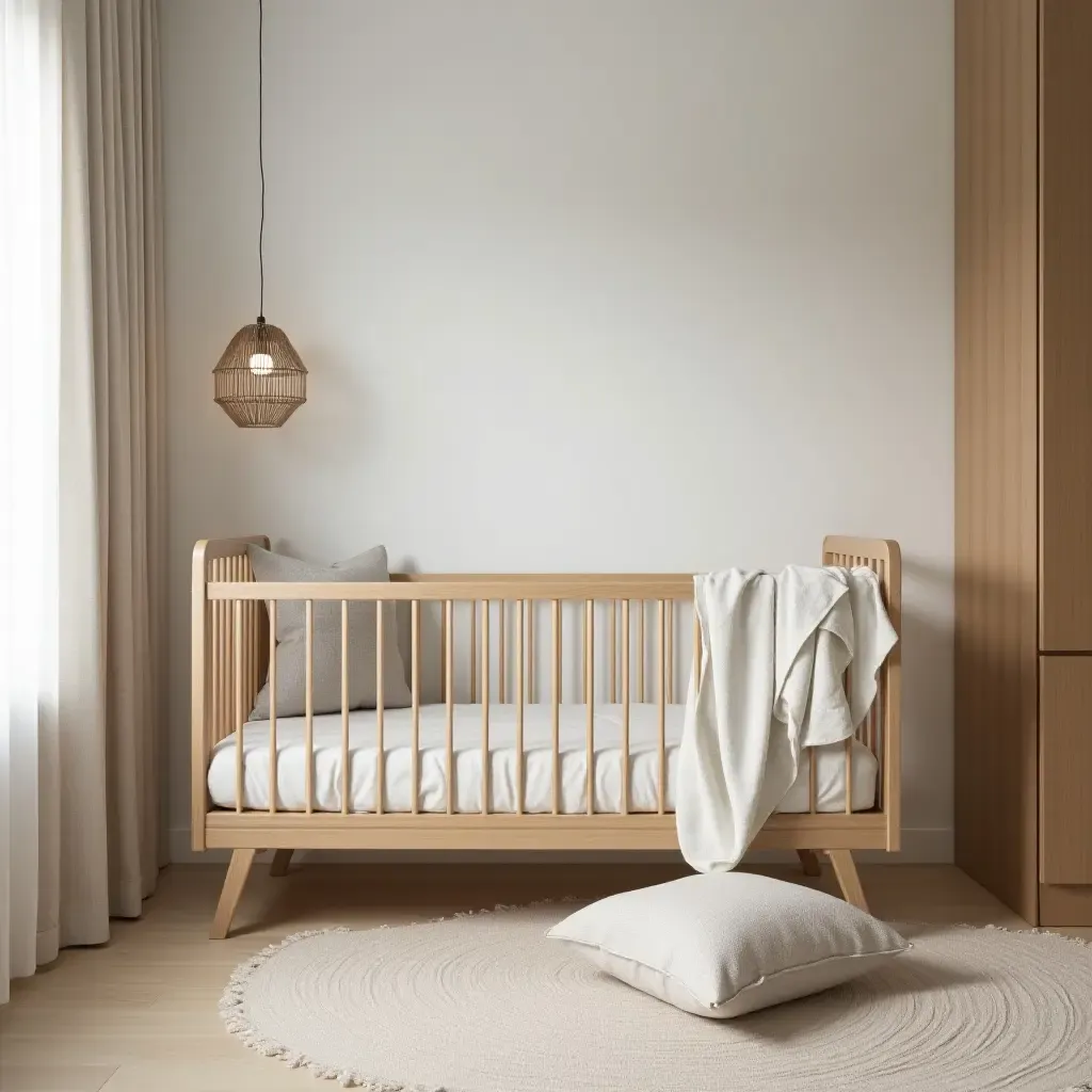 a photo of a sleek nursery with a combination of wood and fabric elements