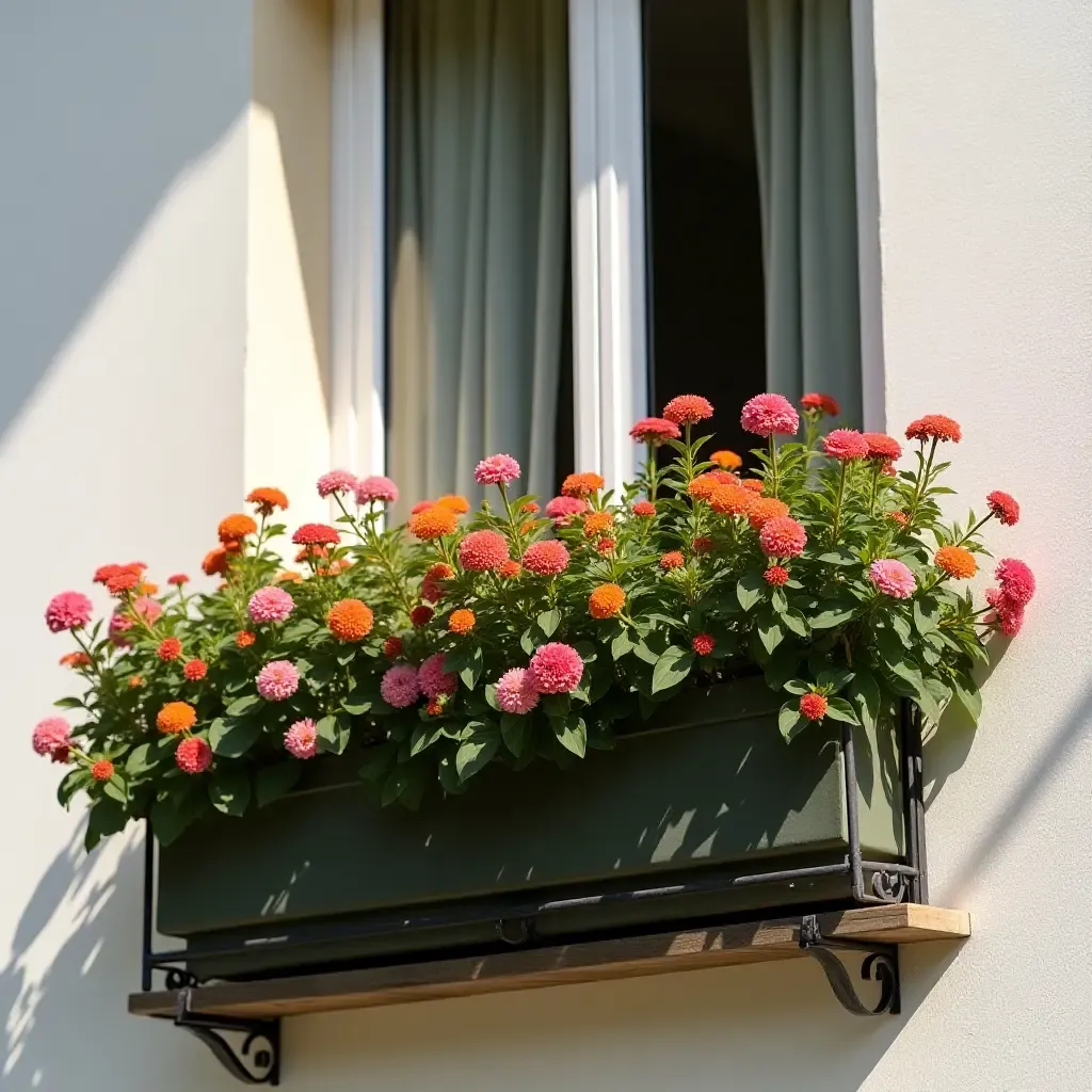 a photo of a balcony with a vibrant flower box railing