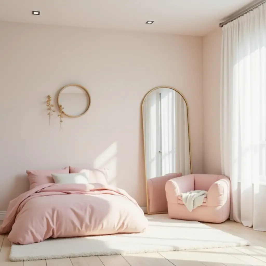 a photo of a minimalist kids&#x27; bedroom with a large mirror and pastel color scheme