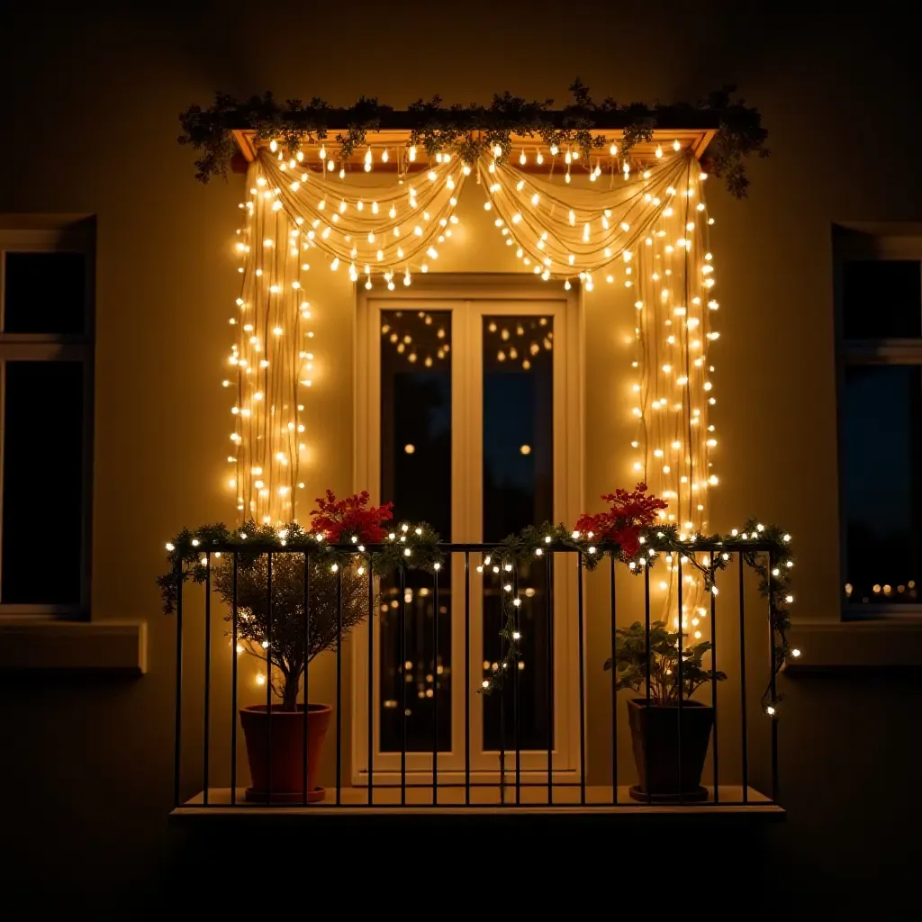 a photo of a balcony featuring a whimsical fairy light canopy