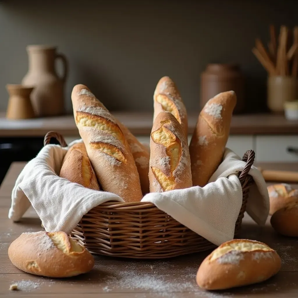 a photo of a kitchen with a rustic bread basket and fresh loaves