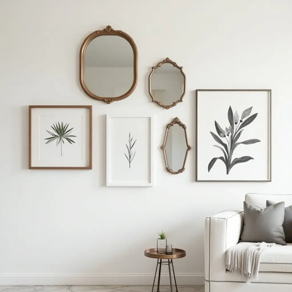 a photo of a gallery wall featuring a mix of mirrors and framed art