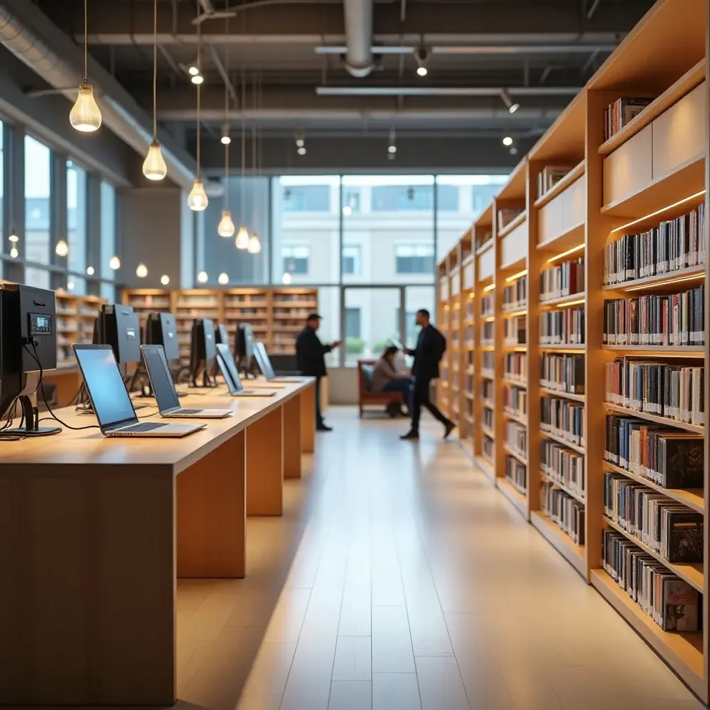 a photo of a tech-enabled library with charging stations and digital resources