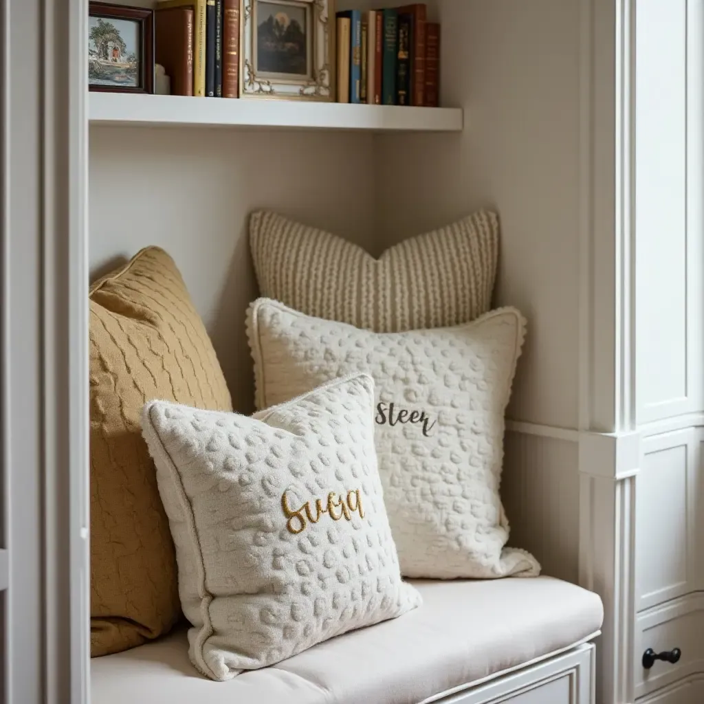 a photo of a cozy reading nook with personalized bookends and cushions