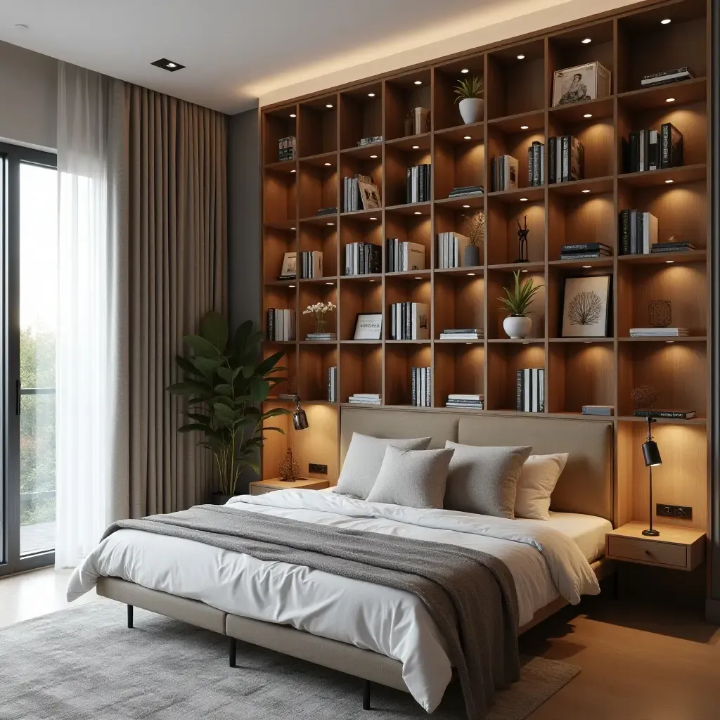 a photo of a vertical bookshelf integrated into a bedroom wall