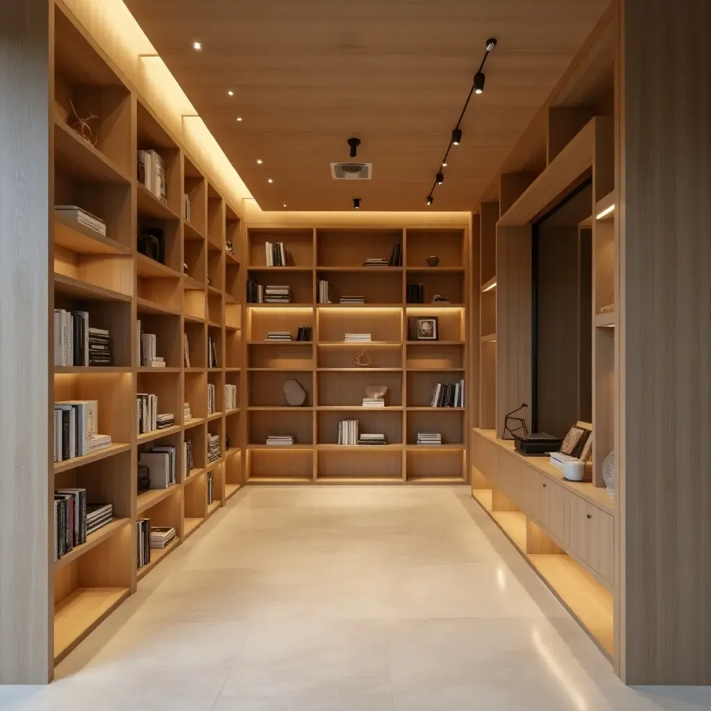 a photo of a minimalist library with integrated lighting and clean lines