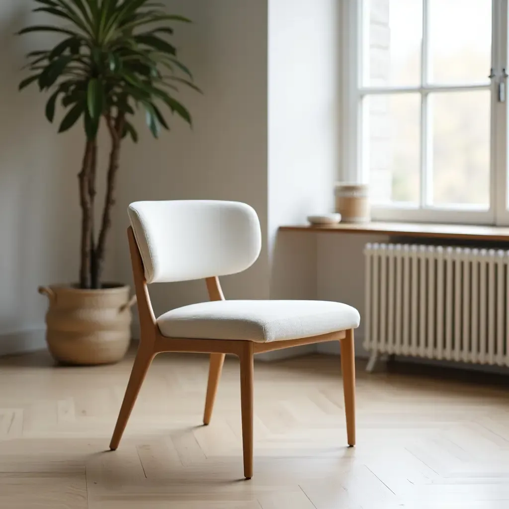 a photo of a simple, elegant dining chair in a living room