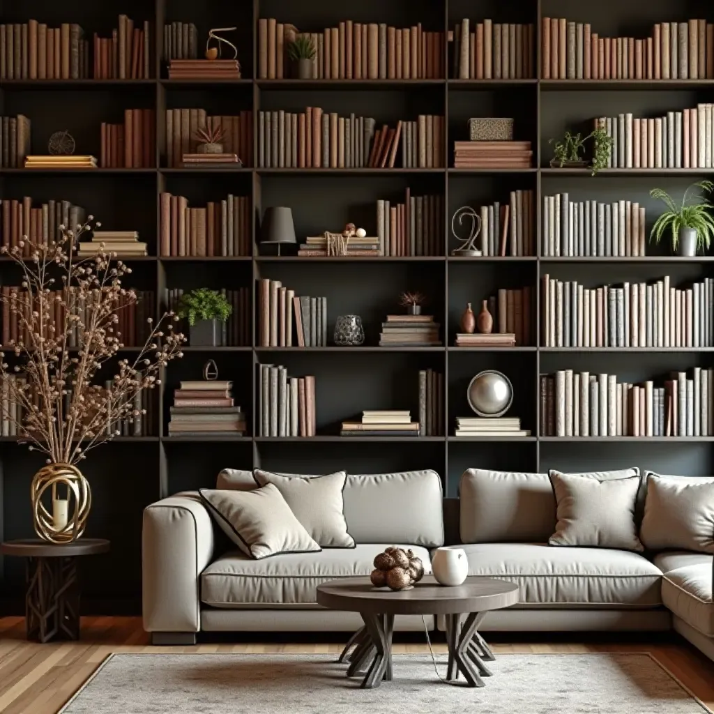 a photo of a library with artistic wall-mounted bookshelves and decor