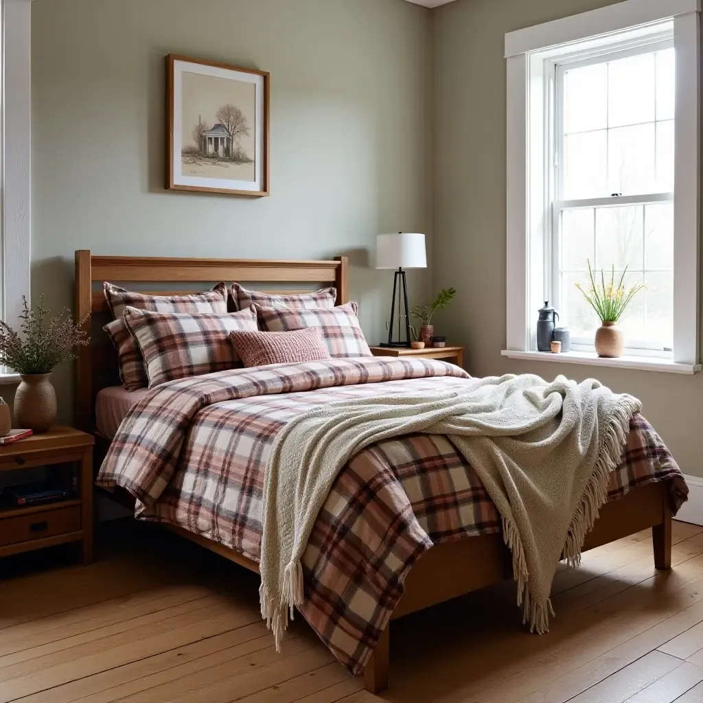 a photo of a vintage farmhouse bed with plaid bedding and a knitted throw