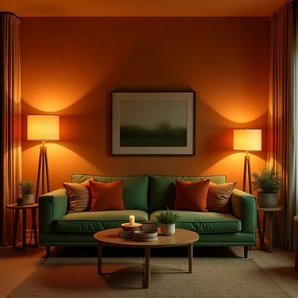 a photo of a warm living room illuminated by burnt orange lamps and green accents