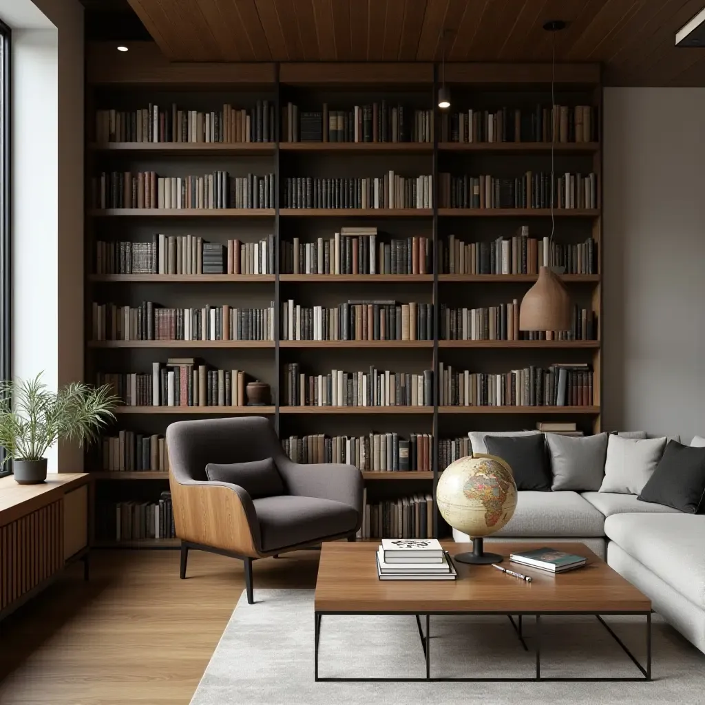 a photo of a modern library with a vintage globe and minimalist book displays