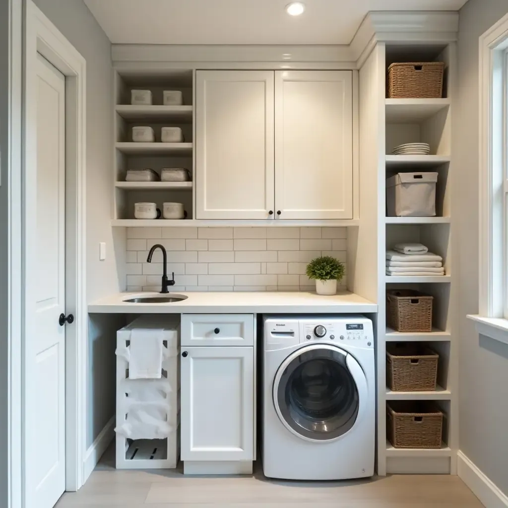 a photo of a basement laundry room with organized storage and folding space