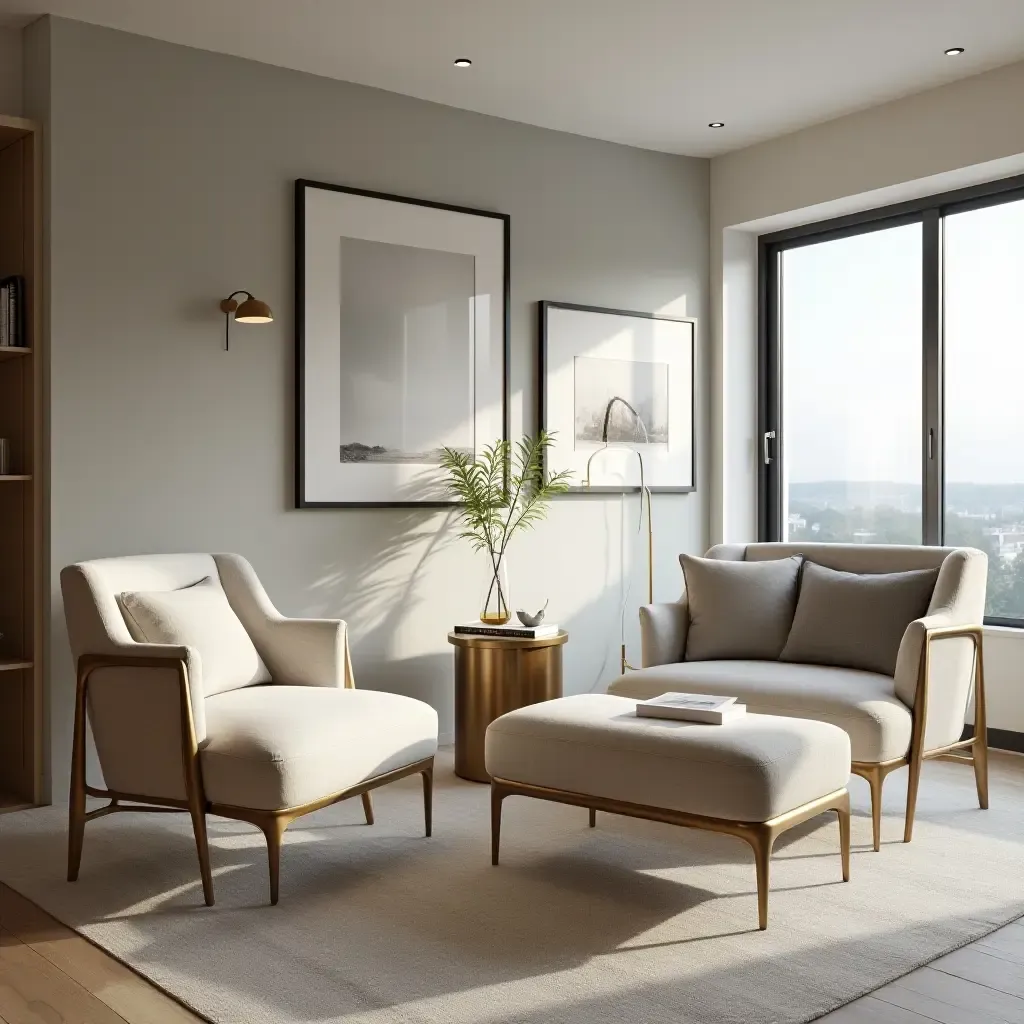 a photo of a stylish bedroom featuring metallic accent chairs