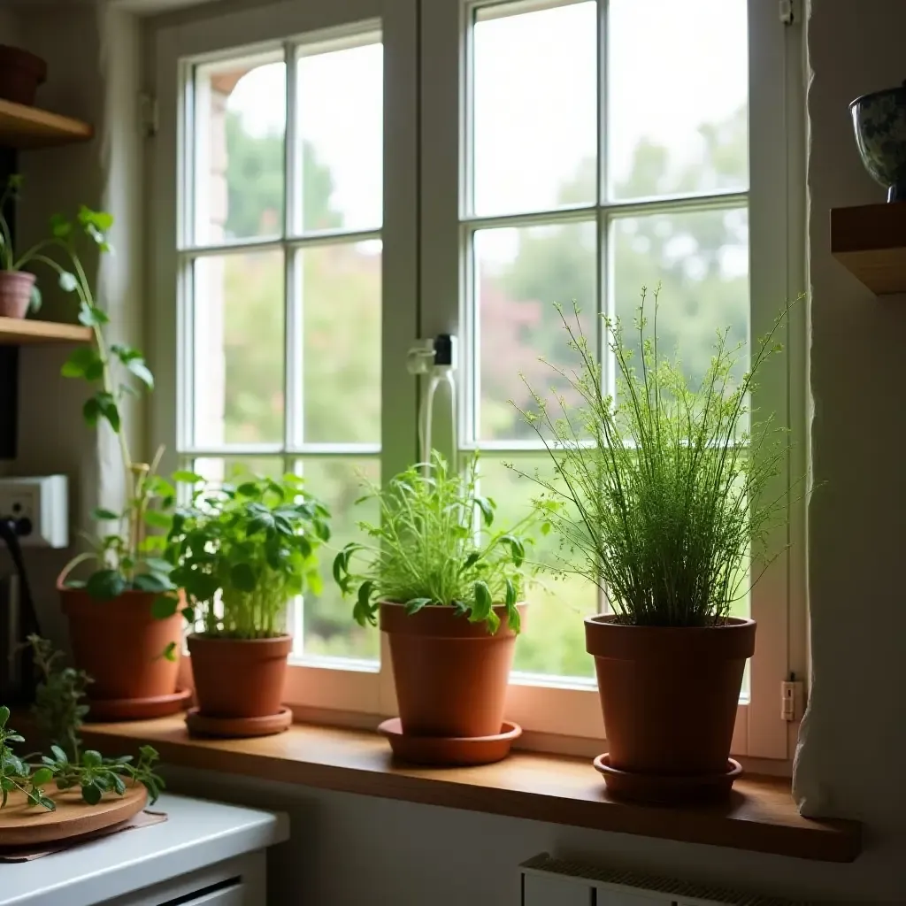 a photo of a kitchen with a Mediterranean herb garden on the windowsill