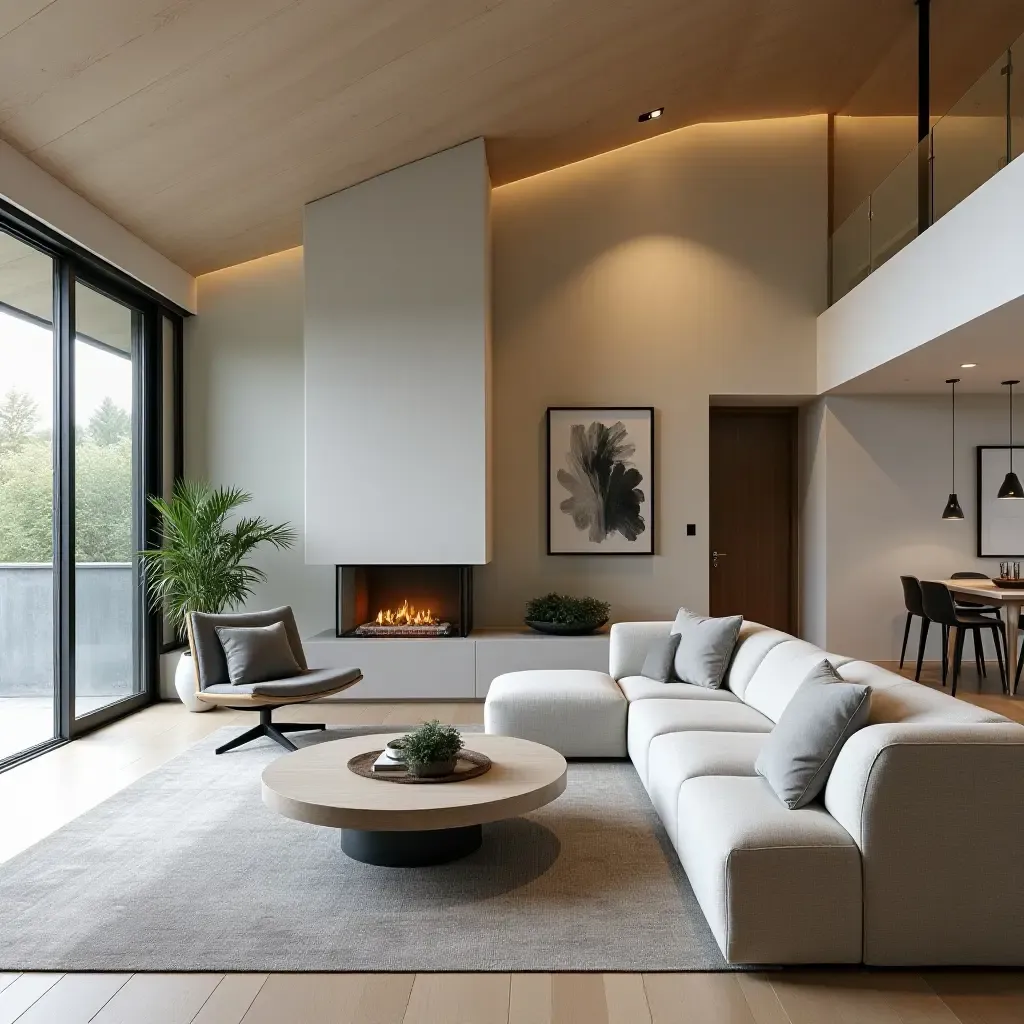 a photo of an open-concept living room with a sectional and a central fireplace