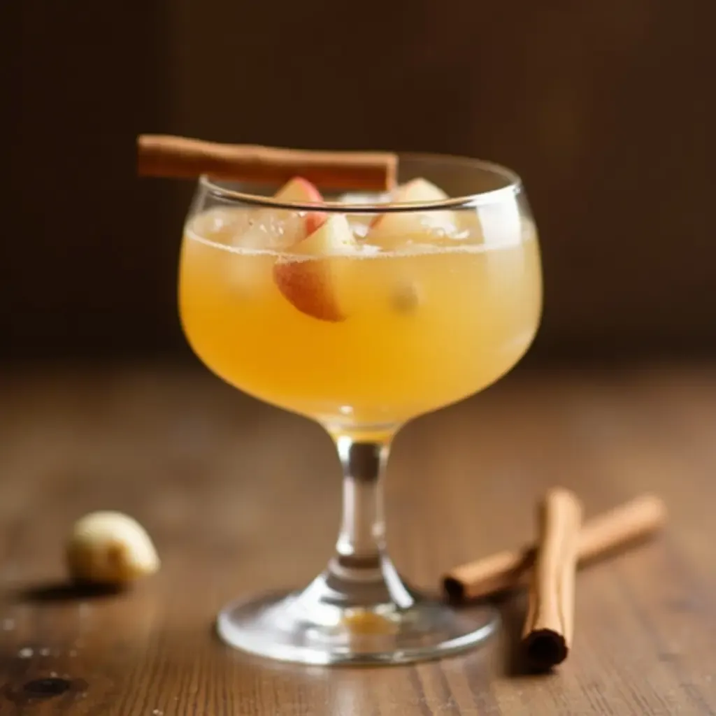 a photo of a Calvados-based cocktail with apple slices and cinnamon, served in a vintage glass.