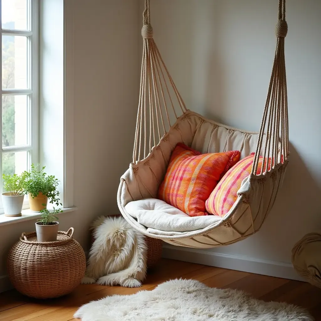 a photo of a cozy corner with a hammock chair and vibrant throw pillows