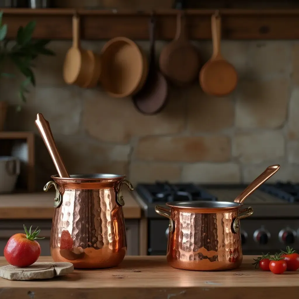 a photo of a rustic kitchen featuring copper utensils