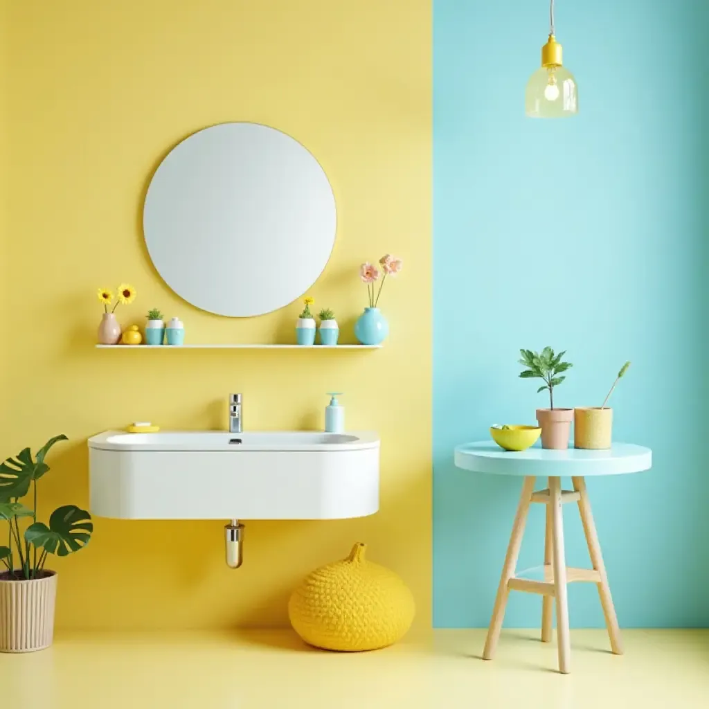 a photo of a cheerful lemon yellow and sky blue bathroom with playful decor