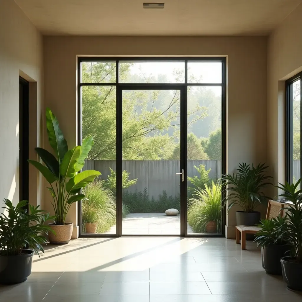 a photo of a minimalist entrance featuring a large, bright window and greenery