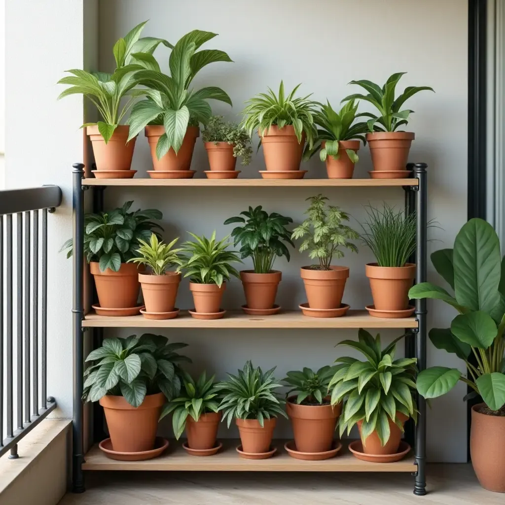 a photo of an organized balcony shelf with gardening supplies and pots