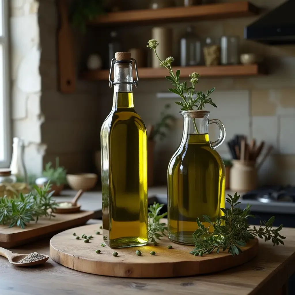 a photo of a rustic kitchen featuring olive oil bottles and herbs