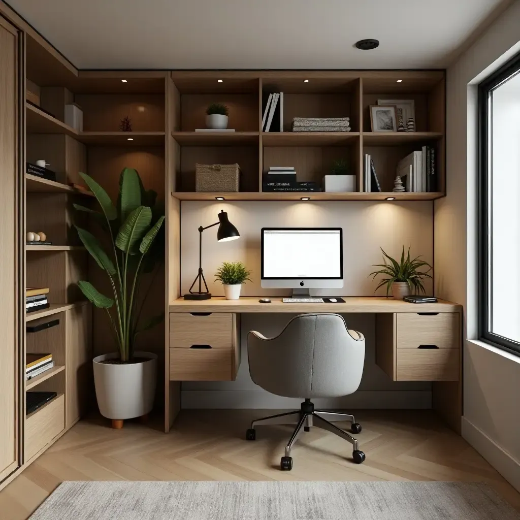 a photo of a basement workspace with stylish storage solutions