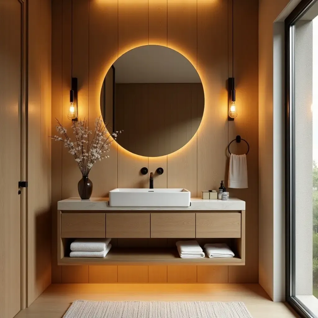 a photo of a cozy bathroom vanity with warm lighting and natural wood accents