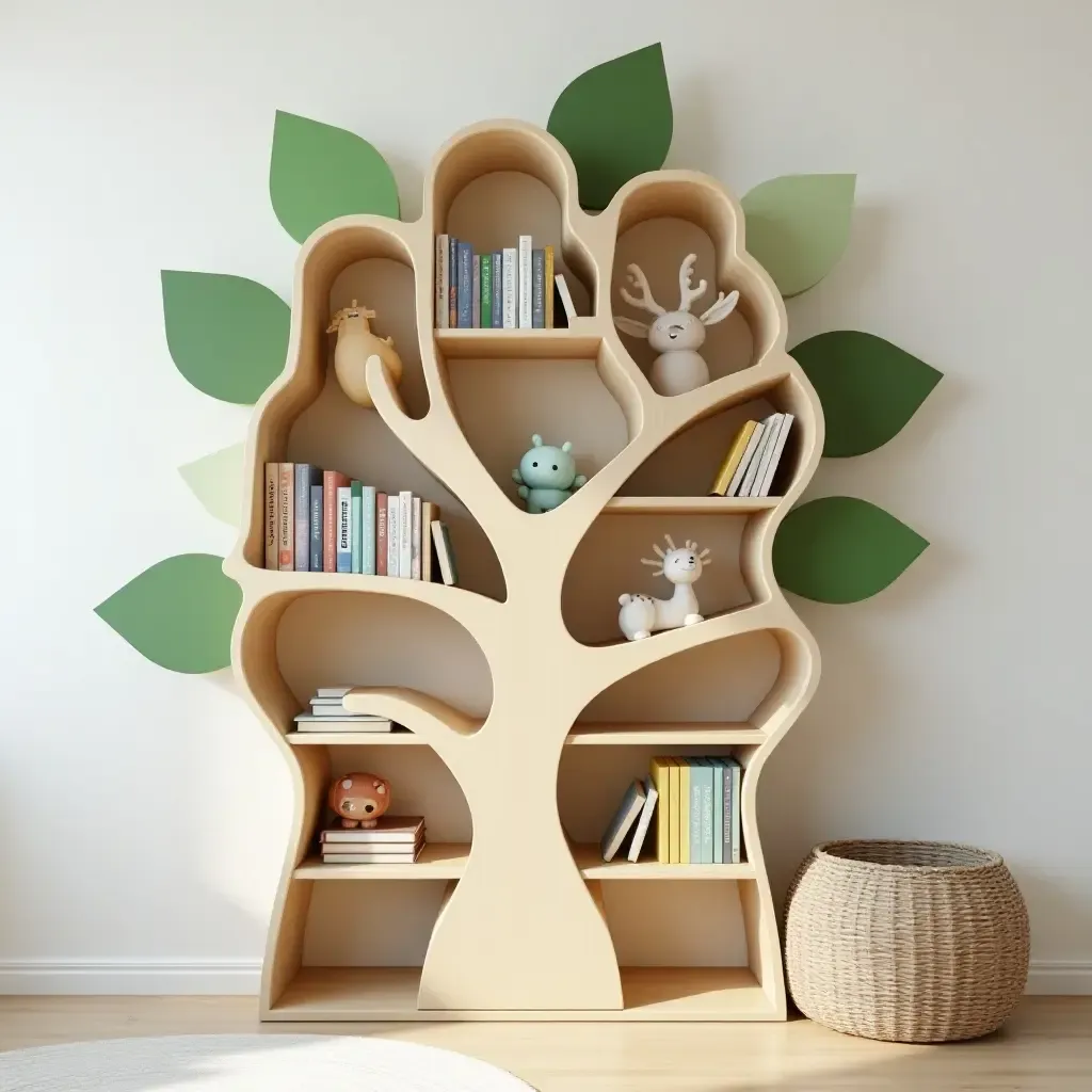 a photo of a tree-shaped bookshelf with playful decorations for children&#x27;s room