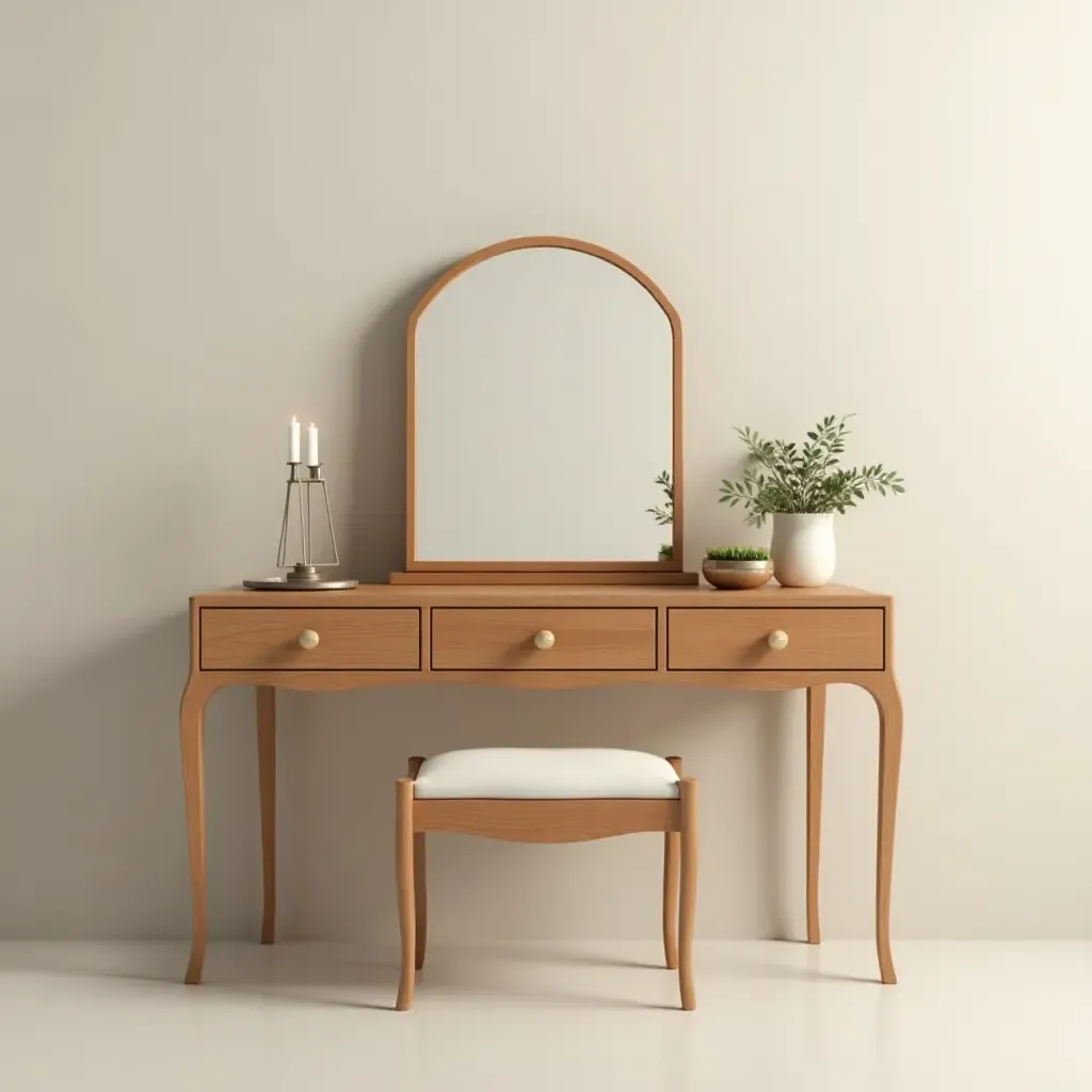 a photo of a wooden dressing table with a mirror and chair