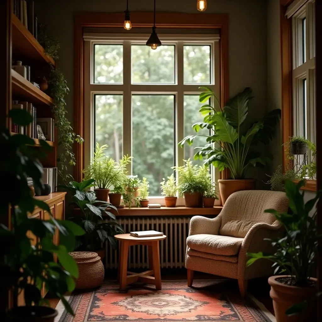 a photo of a cozy reading nook surrounded by plants