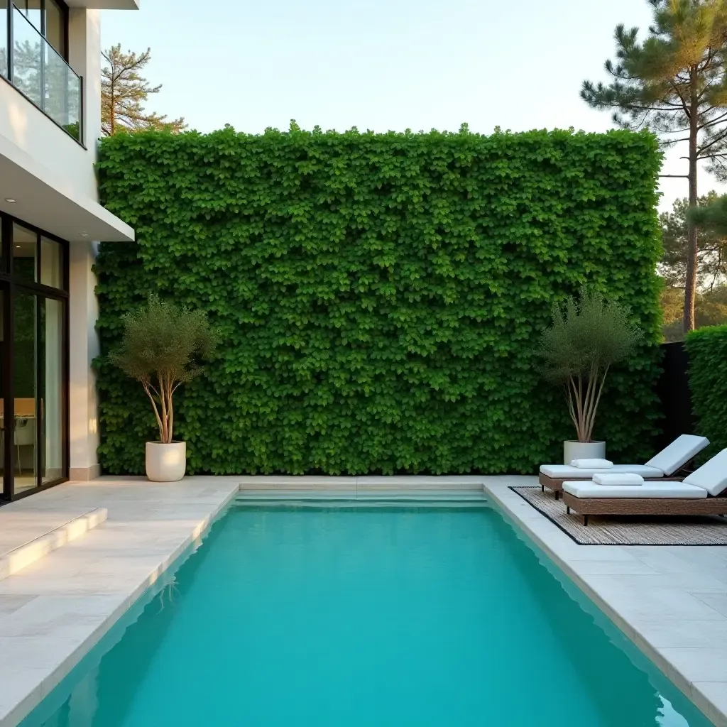 a photo of a modern pool with a green wall backdrop