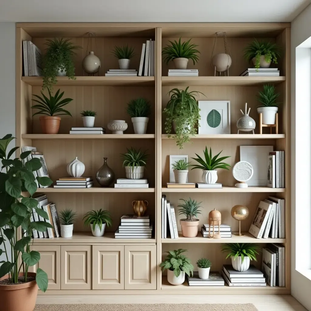 a photo of a bookshelf filled with plant-themed decor