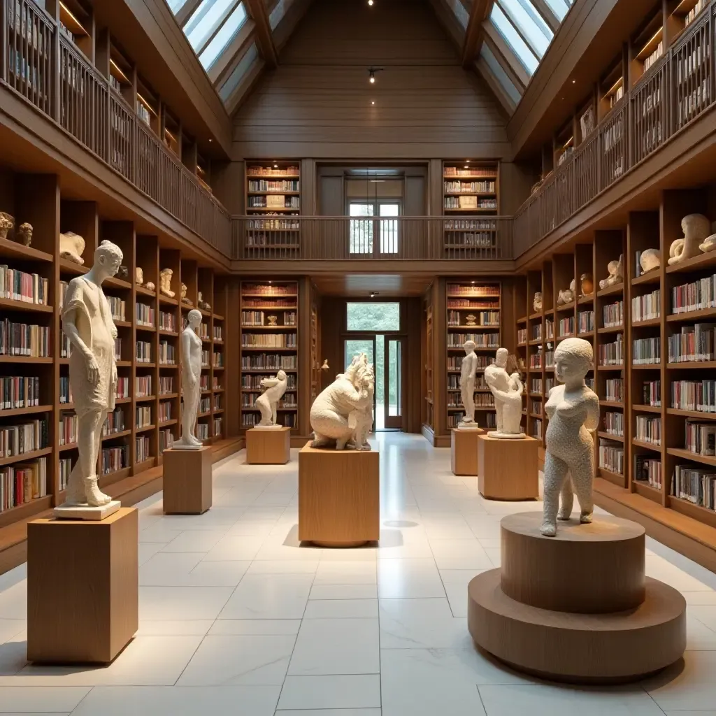 a photo of a library featuring a gallery of abstract sculptures