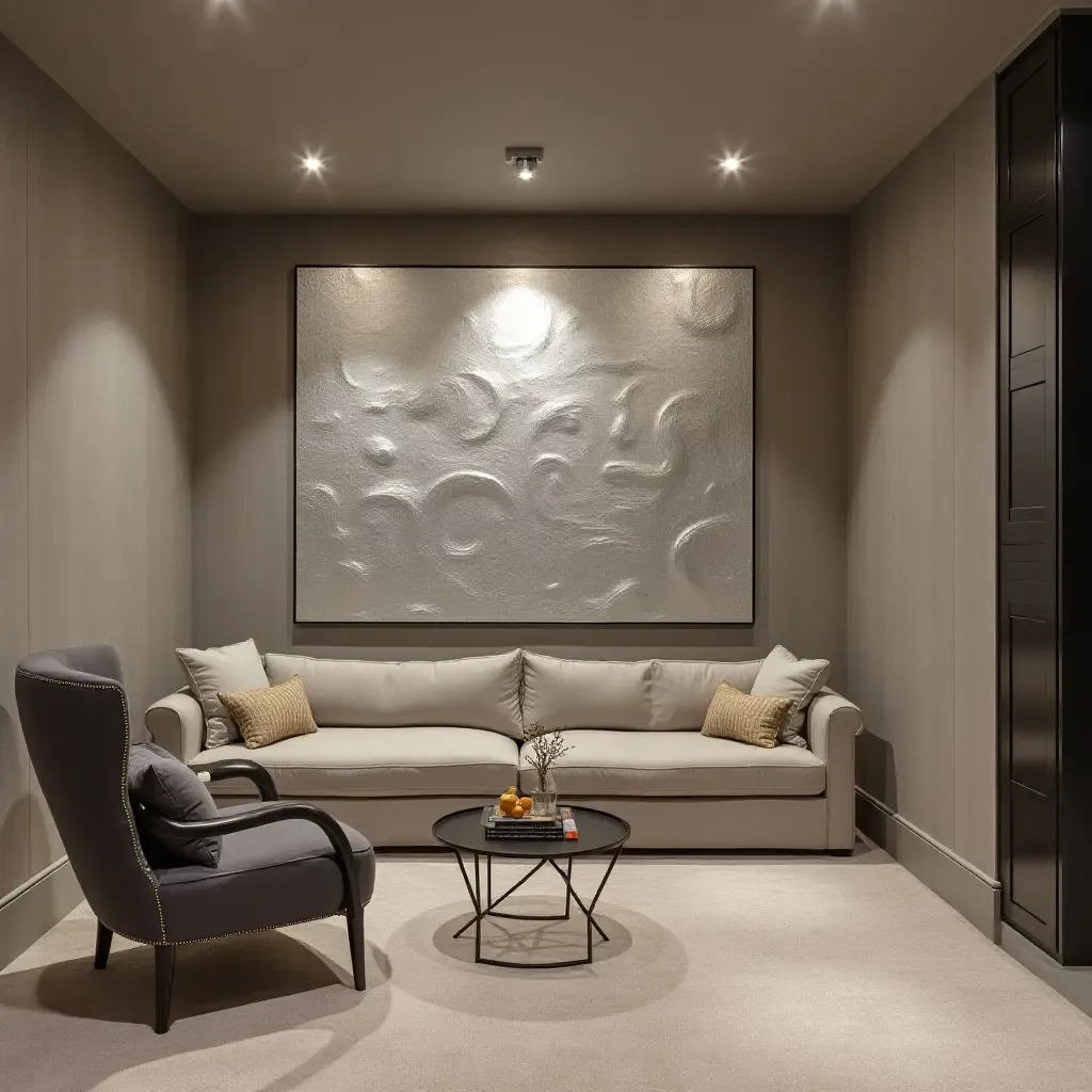 a photo of a stylish basement featuring silver metallic wall art