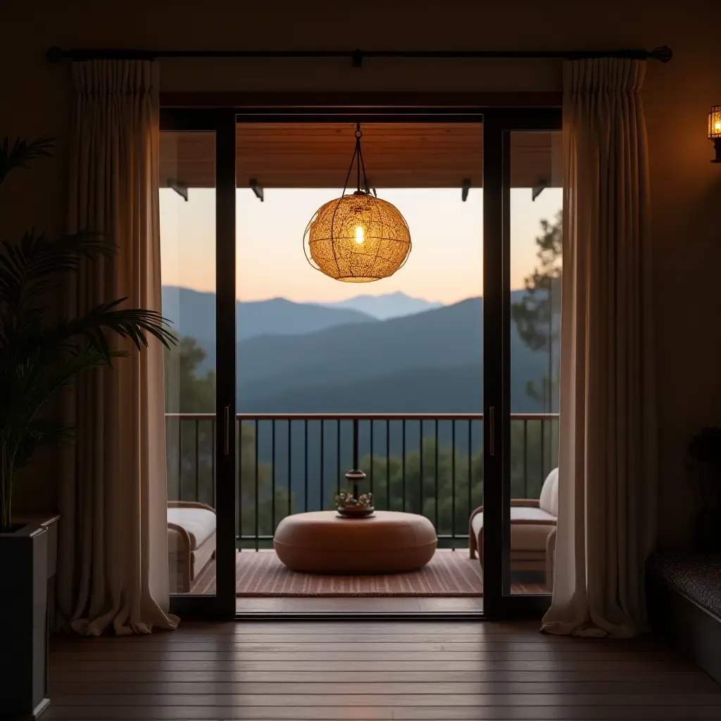 a photo of a serene balcony with nature-inspired pendant lighting