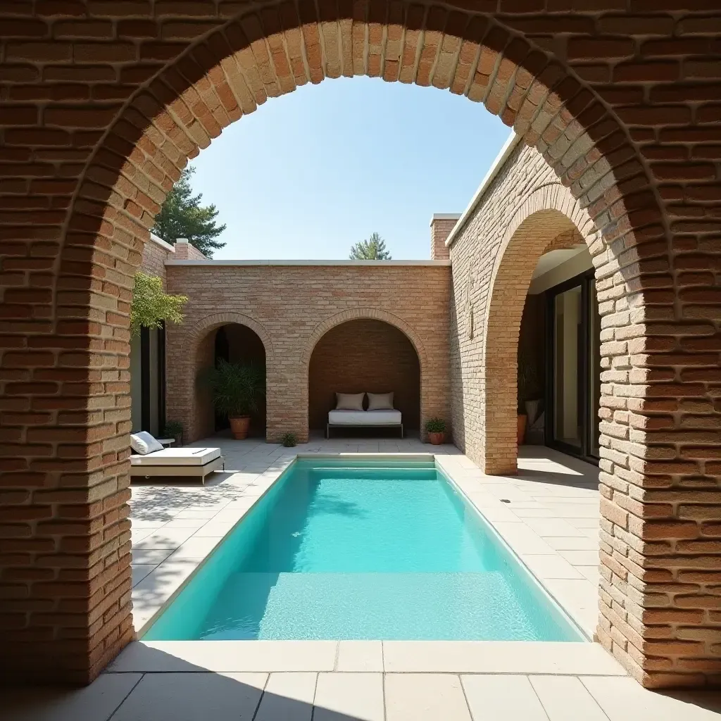 a photo of exposed brick walls framing a modern pool area