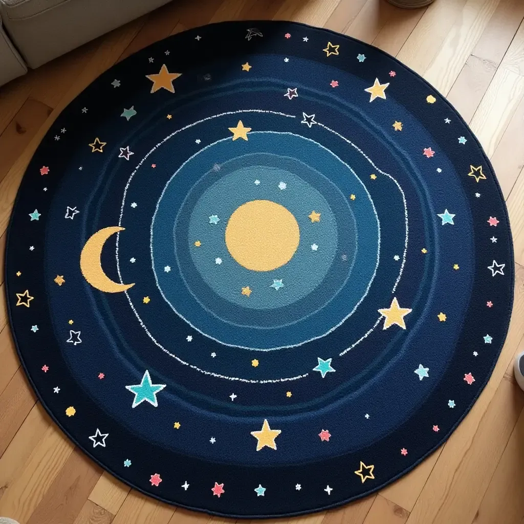 a photo of a celestial-themed rug with stars and moons