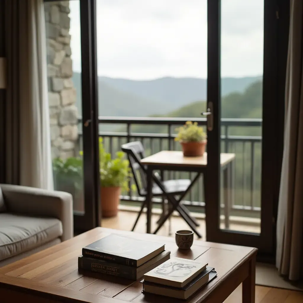 a photo of a balcony with a wooden coffee table and books