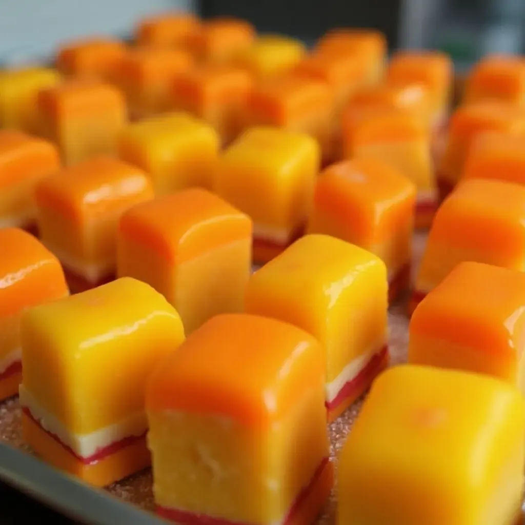 a photo of a tray of colorful, layered Mysore Pak with a glossy, buttery texture.