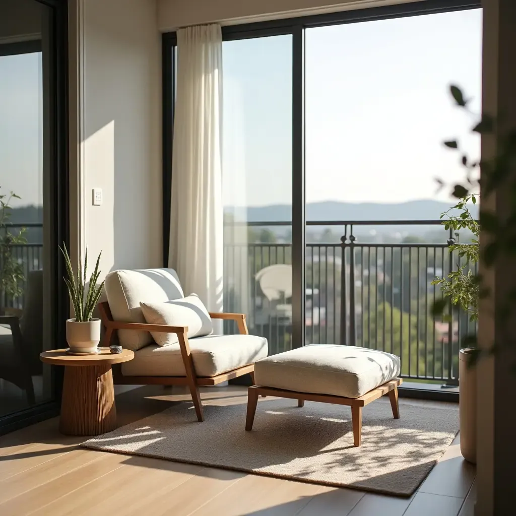 a photo of a balcony with a comfortable lounge chair and side table