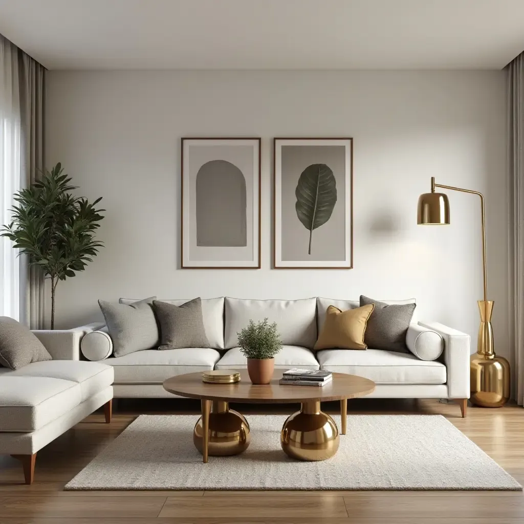 a photo of a living room featuring metallic accents and decor