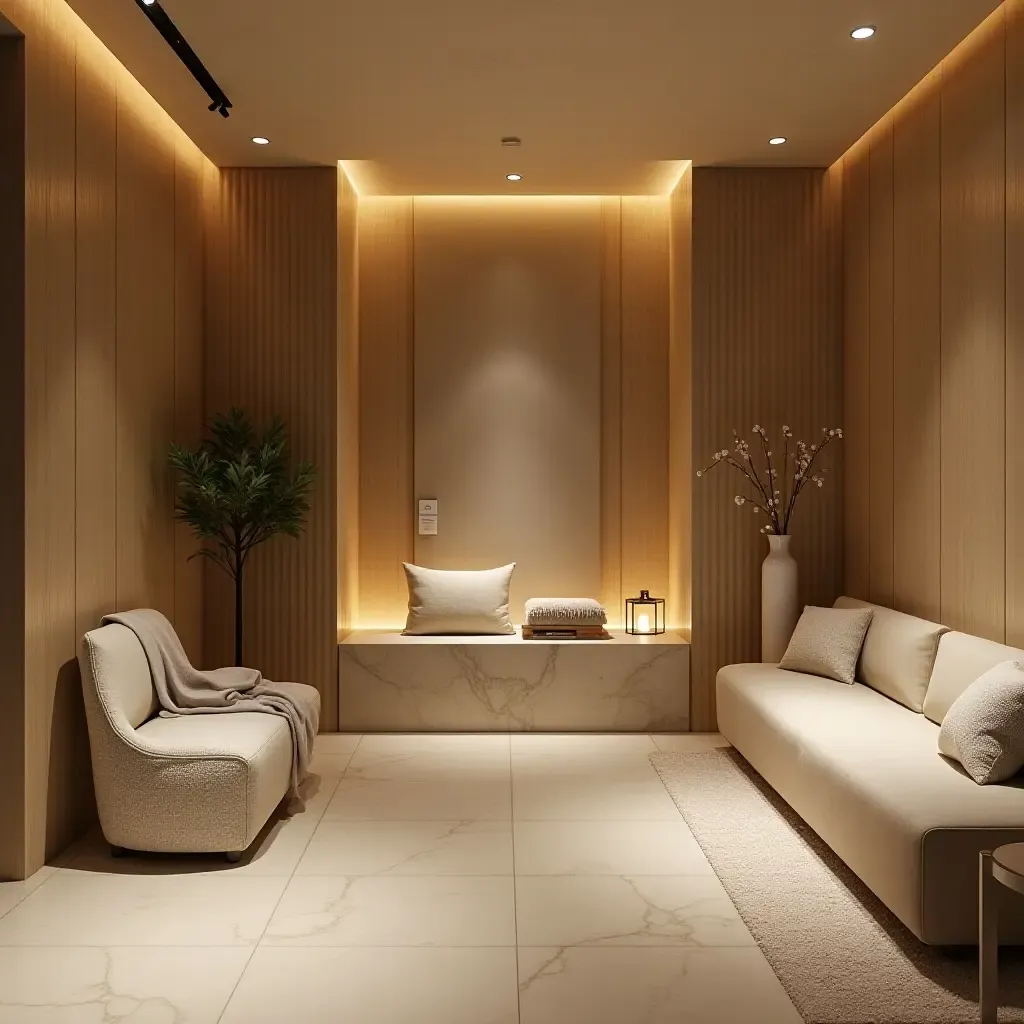 a photo of a serene basement spa area with calming features