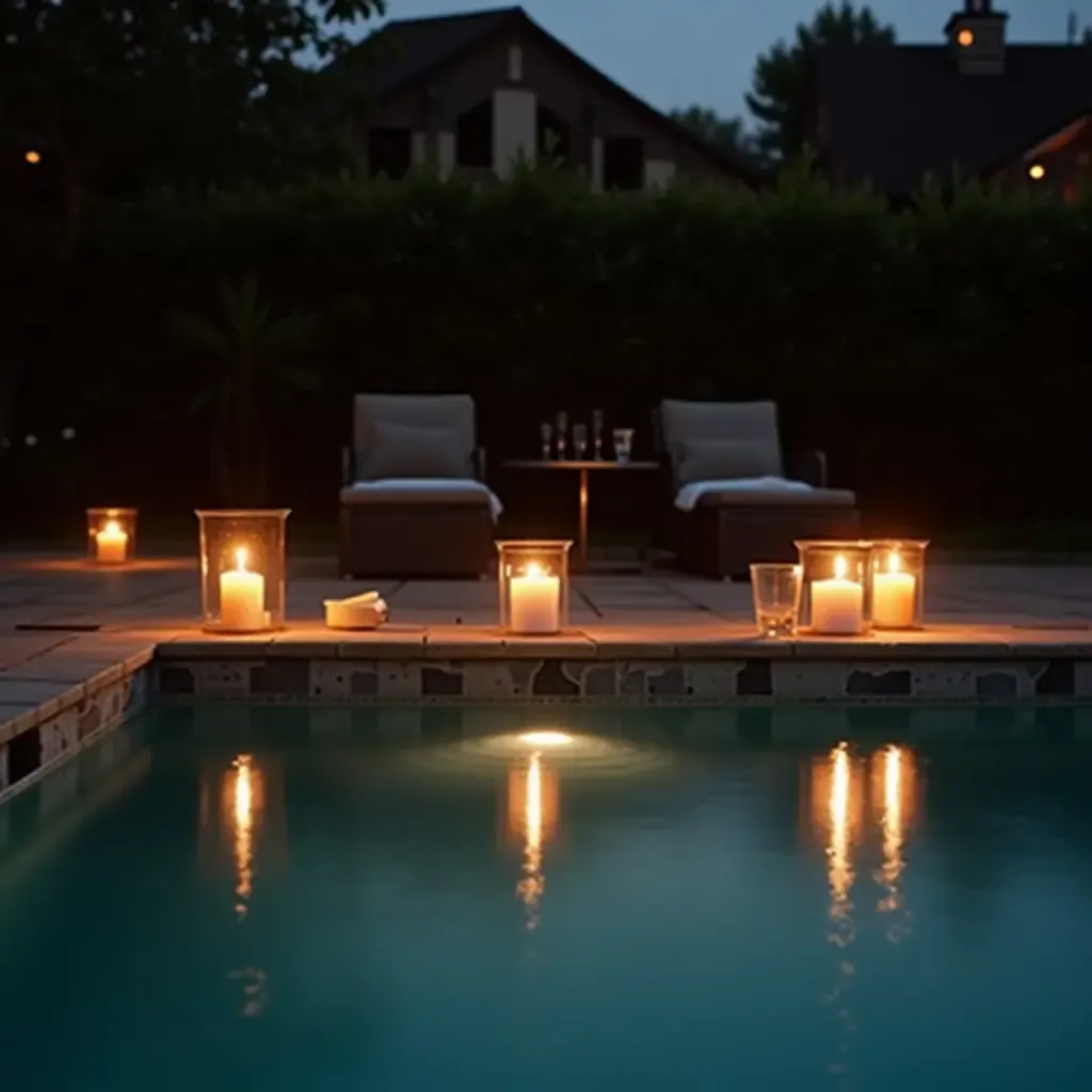 a photo of a romantic poolside setup with candles and soft lighting