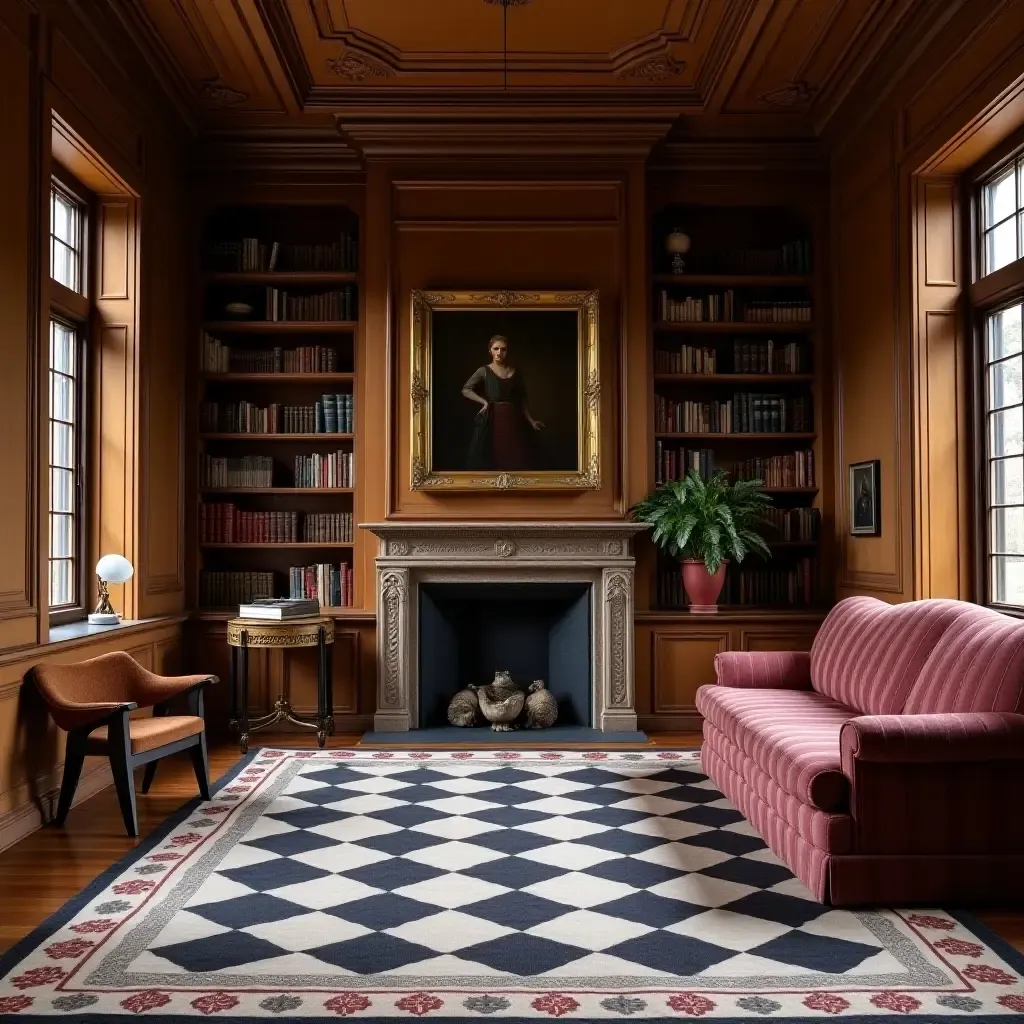 a photo of a classic checkerboard rug in a traditional library