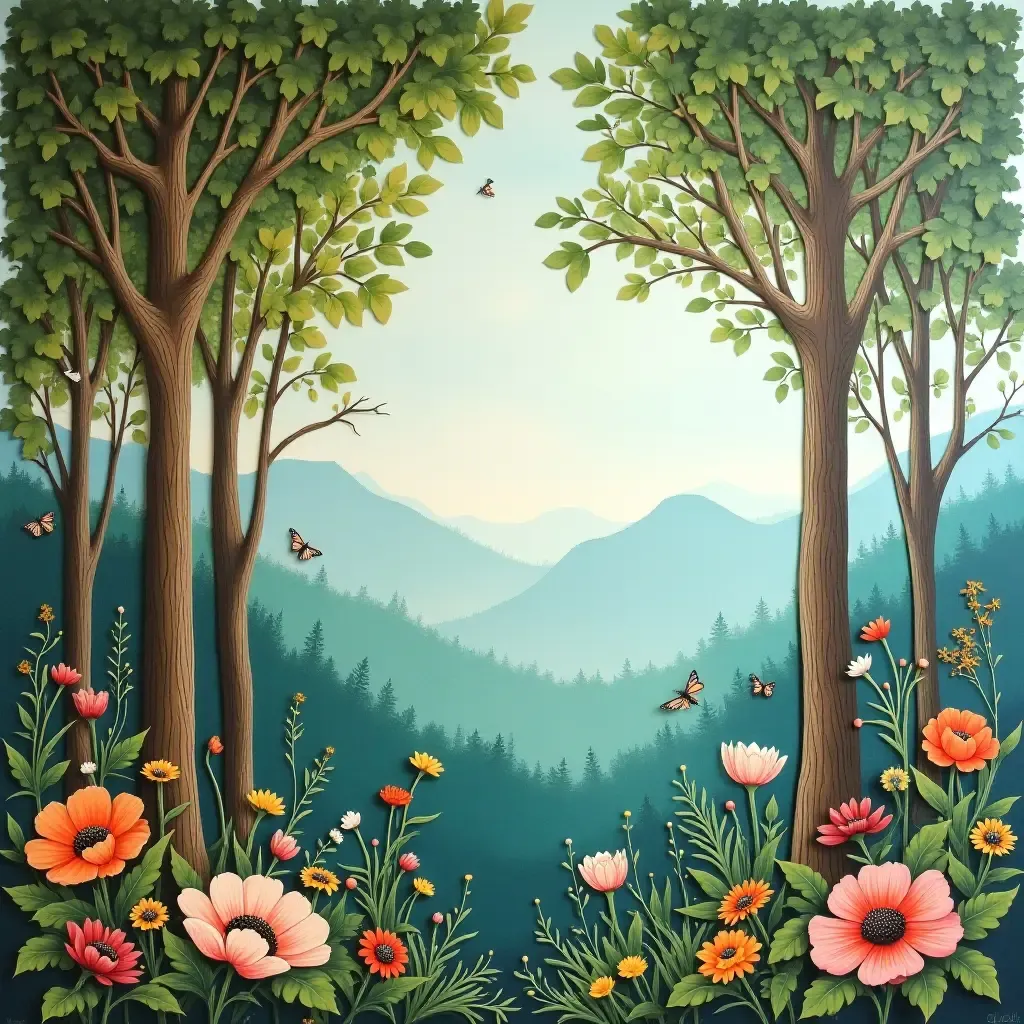 a photo of a nature-inspired mural with trees and flowers